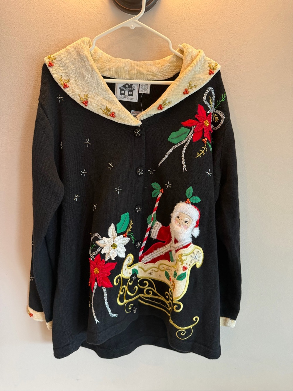 Storybook Knits Christmas Santa Sleigh Poinsettia Beaded Cardigan Sweater Black